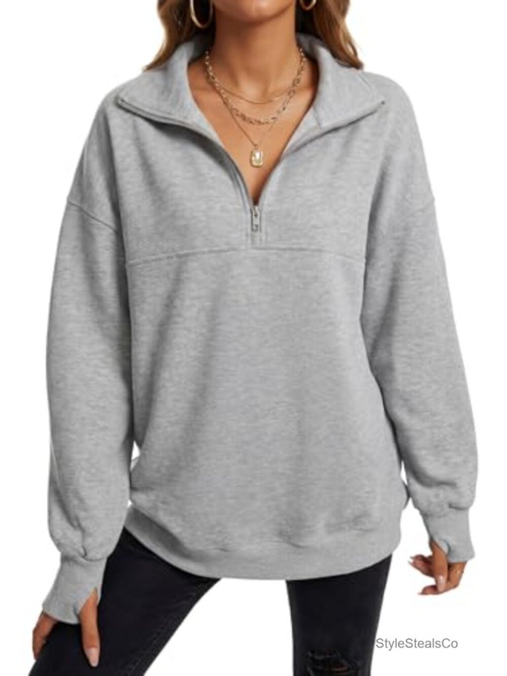 Half Zip Long Sleeve French Terry Pullover Sweatshirt with Thumbholes